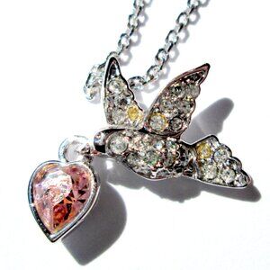 ✨🕊️🩷 Swarovski Swan Mark Pendant Necklace Dove Pink Heart Silver Tn Adjustable